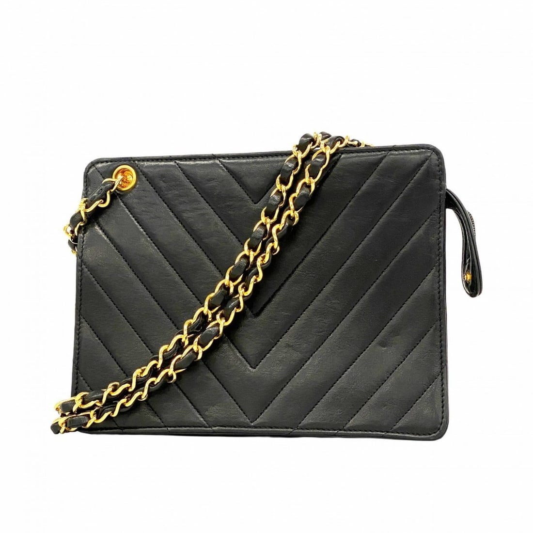 Chanel Shoulder Bag, V-Stitch Chain Shoulder, Lambskin, Black, Women's: --- Catalog ---Category: SizeSize (HxWxD): 15.5cm x 21cm x 7cm / 6.1'' x 8.26'' x 2.75''Category: DesignType: Shoulder bagColor: BlackGender: WomenMaterial: Leather Hardware Color: GoldLeather/Fur Typ