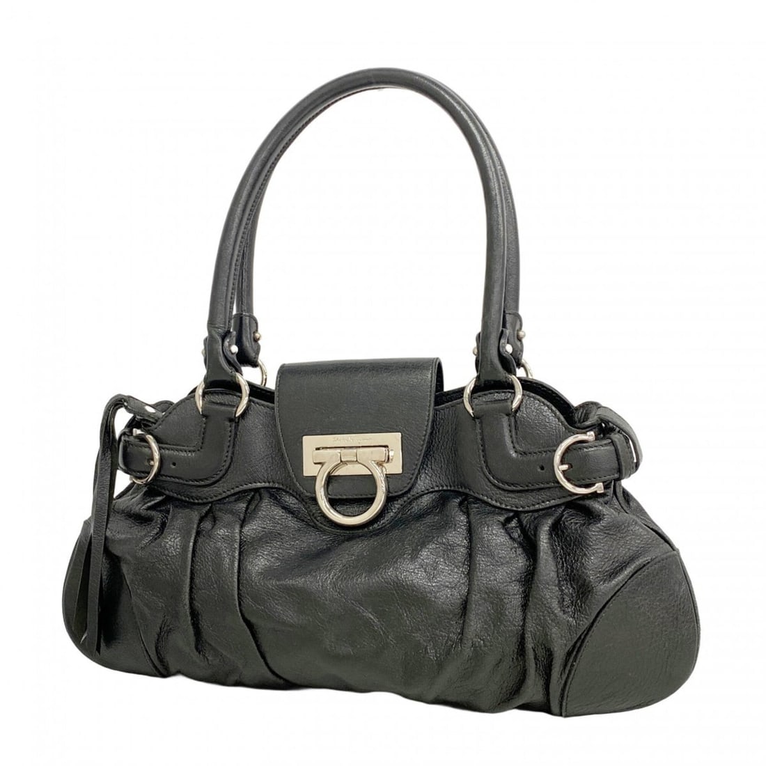 Salvatore Ferragamo Gancini Leather Handbag, Black, Women's: --- Catalog ---Category: SizeSize (HxWxD): 22cm x 36cm x 1.5cm / 8.66'' x 14.17'' x 0.59''Category: DesignType: HandbagColor: BlackGender: WomenMaterial: Leather Hardware Color: SilverCategory: Genera