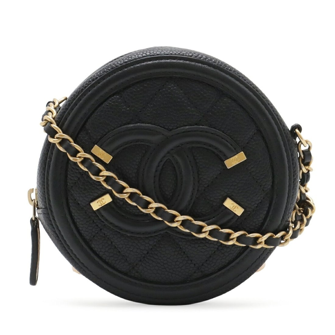 CHANEL CC Filigree Coco Mark Round Chain Shoulder Bag Pochette Caviar Skin Leather Black AP0365: --- Catalog ---Category: SizeWeight: 230g / 8.11oz.Size (HxWxD): 12.5cm x 12.5cm x 4.5cm / 4.92'' x 4.92'' x 1.77''Strap Length: 130cm / 51.18''Category: DesignType: PochetteColor: BlackGender: WomenM