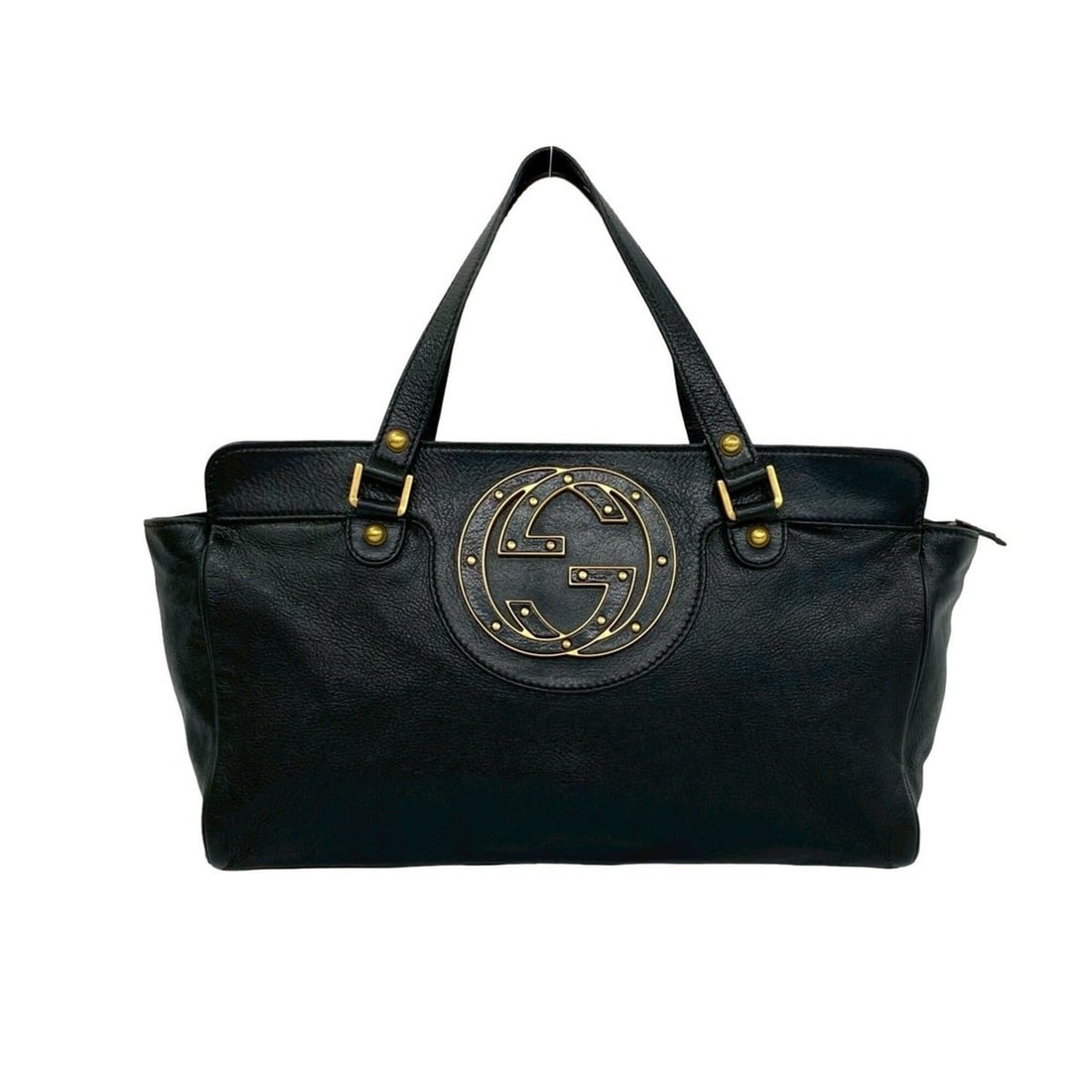 GUCCI Interlocking G Studded Leather Handbag Mini Tote Bag Boston Black 71610: --- Catalog ---Category: SizeSize (HxWxD): 22cm x 35cm x 11.5cm / 8.66'' x 13.77'' x 4.52''Category: DesignType: Boston bag, Handbag, Tote bagColor: BlackGender: WomenMaterial: Leather Category: Gener