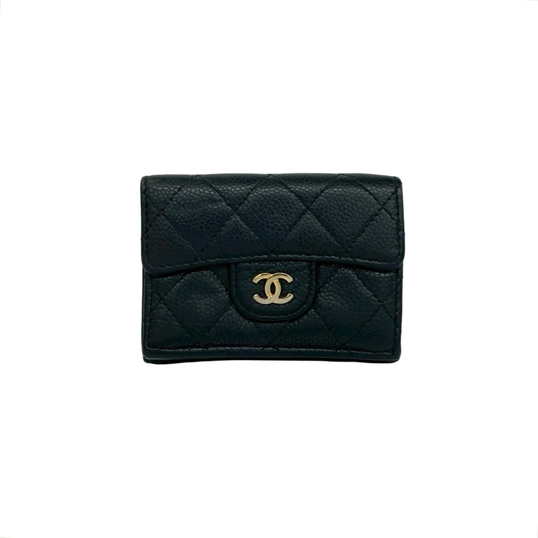 CHANEL Matelassé Coco Mark Caviar Leather Tri-fold Wallet Mini Black 21047: --- Catalog ---Category: SizeSize (HxWxD): 7.5cm x 10.5cm x 3cm / 2.95'' x 4.13'' x 1.18''Category: DesignType: Wallet (tri-fold)Color: BlackGender: WomenMaterial: Grained Calfskin Category: GeneralBr