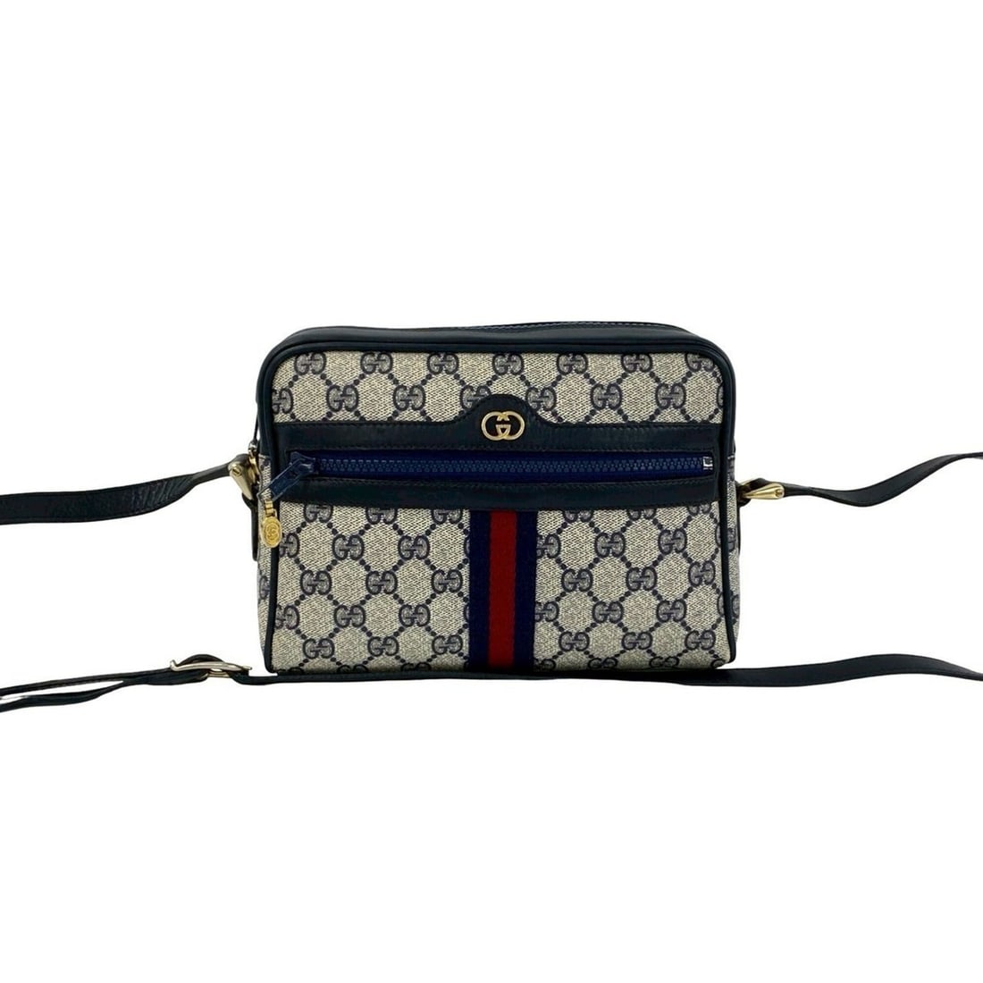 GUCCI Vintage GG Logo Hardware Sherry Line Leather Shoulder Bag Navy 90251: --- Catalog ---Category: SizeSize (HxWxD): 16cm x 22cm x 6.5cm / 6.29'' x 8.66'' x 2.55''Category: DesignType: Shoulder bagColor: Navy, Red colorGender: WomenMaterial: PVC , Leather Category: GeneralB