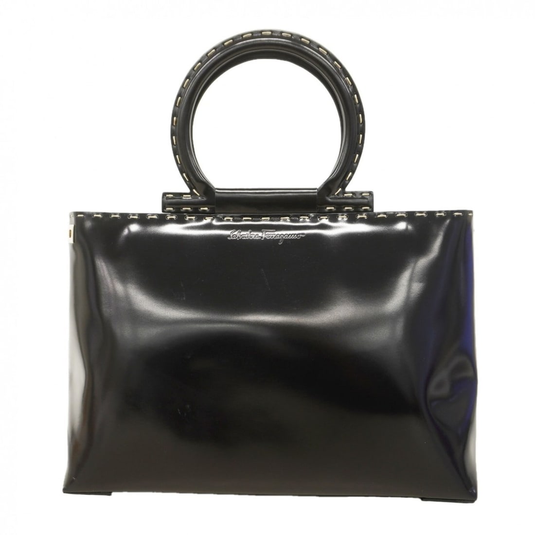 Salvatore Ferragamo Gancini Enamel Handbag, Black, Women's: --- Catalog ---Category: SizeSize (HxWxD): 20.5cm x 29.5cm x 10.5cm / 8.07'' x 11.61'' x 4.13''Category: DesignType: HandbagColor: BlackGender: WomenHardware Color: GoldCategory: GeneralBrand: Salvato