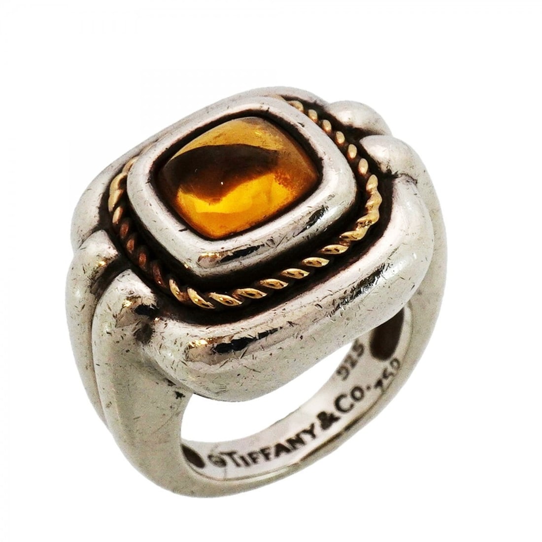 Tiffany & Co. Square Ring, 18K Yellow Gold (KYG), Sterling Silver (925), Citrine, Stone, Size 7.5,: --- Catalog ---Category: SizeJP Size: 7.5US Size: 4Category: DesignType: Band ringColor: YellowStone: CitrineGender: WomenMaterial: Silver 925, Yellow gold (18K)Category: GeneralBrand: Tiffany--- Item