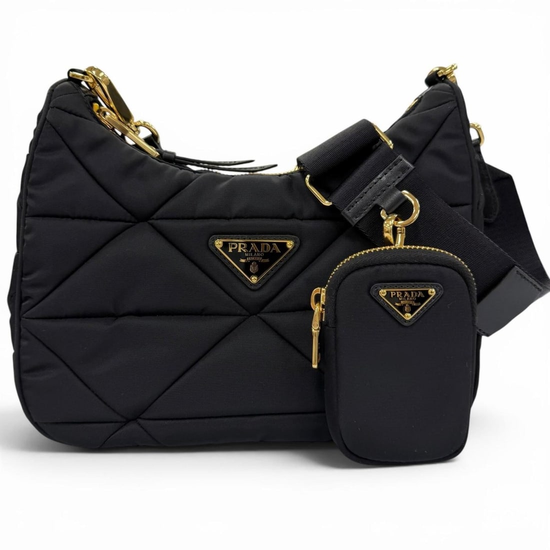 PRADA 1BC151 Padded Re-Nylon Shoulder Bag with Triangle Logo, Black Gold Hardware, Women's, Dust (1 of 14)