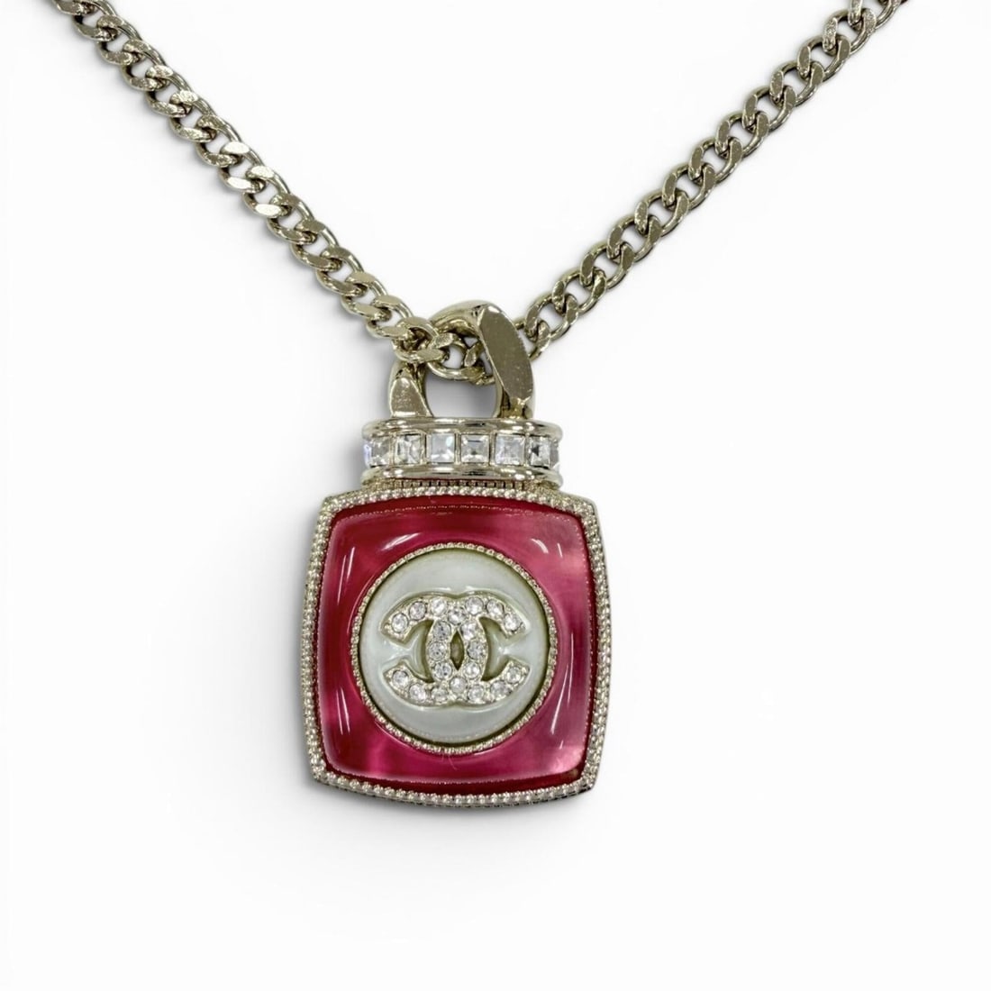 CHANEL A22C Coco Mark Rhinestone Perfume Motif Pendant Necklace, Gold and Pink, Made in France,: --- Catalog ---Category: SizePendant Size: 35mm x 22mm / 1.37'' x 0.86''Neck Circumference: 37.5 cm - 46 cm / 14.76'' - 18.11''Category: DesignColor: Gold, PinkGender: WomenNecklace Type: NecklaceCate