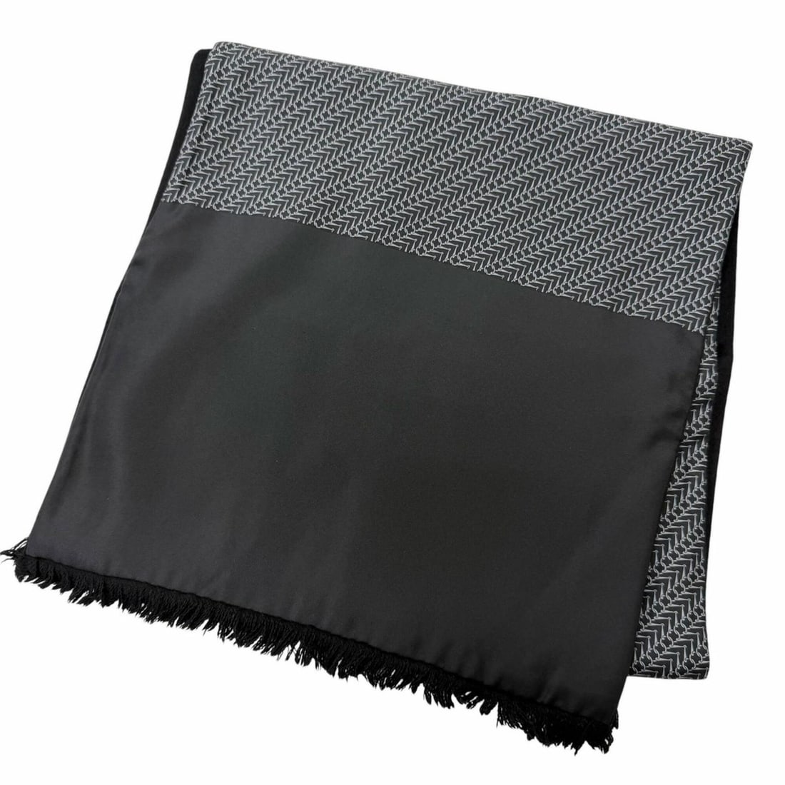 HERMES Silk Angora Metal Fitting All-over Pattern Fringe Shawl Stole Scarf Black Gray Made in France (1 of 11)