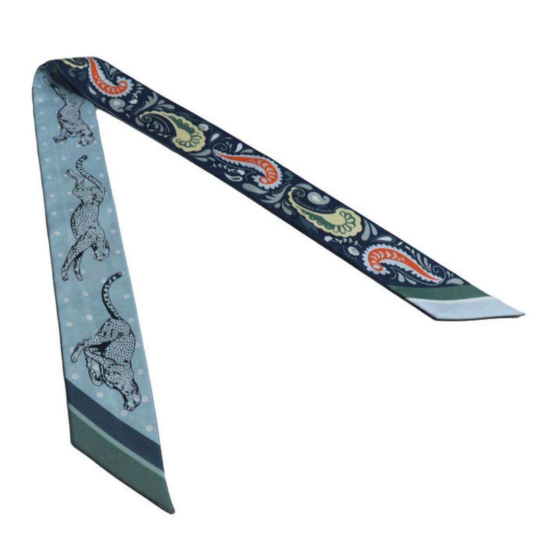 HERMES GUEPARDS BANDANA Cheetah Scarf Muffler Blue Marine Clair / Ciel Green H064179S 04 Women's: --- Catalog ---Category: SizeSize (LxW): 86cm x 5cm / 33.85'' x 1.96''Category: DesignType: ScarfColor: Blue, GreenGender: WomenMaterial: Silk Category: GeneralBrand: Hermes--- Item List ---Section: C