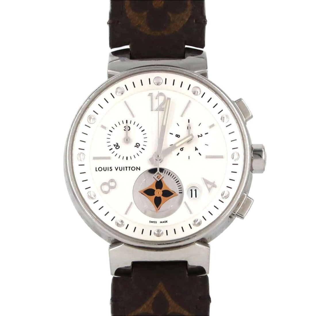 Louis Vuitton Tambour Moonstar Chronograph Q8G00 SS Quartz Watch: --- Catalog ---Category: SizeCase Diameter: 35mm / 1.38''Category: DesignType: WristwatchGender: Men,WomenColor (Dial): SilverMaterial (Case): Stainless steelCategory: GeneralMPN: Q8G00Brand: Louis Vu