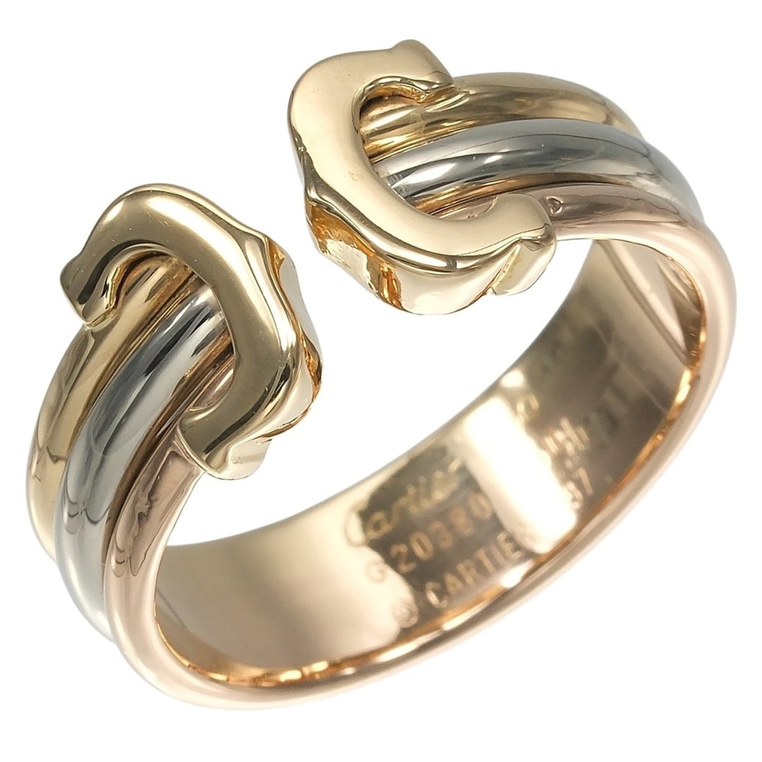 Cartier 2C Three-Color Ring, Size 9.5, 18K Gold (YG, PG, WG), Approx. 4.83g: --- Catalog ---Category: SizeUS Size: 5.5Brand Size: 50Category: DesignType: Band ringGender: WomenMaterial: Pink gold (18K), White gold (18K), Yellow gold (18K)Category: GeneralBrand: Cartier--- Item