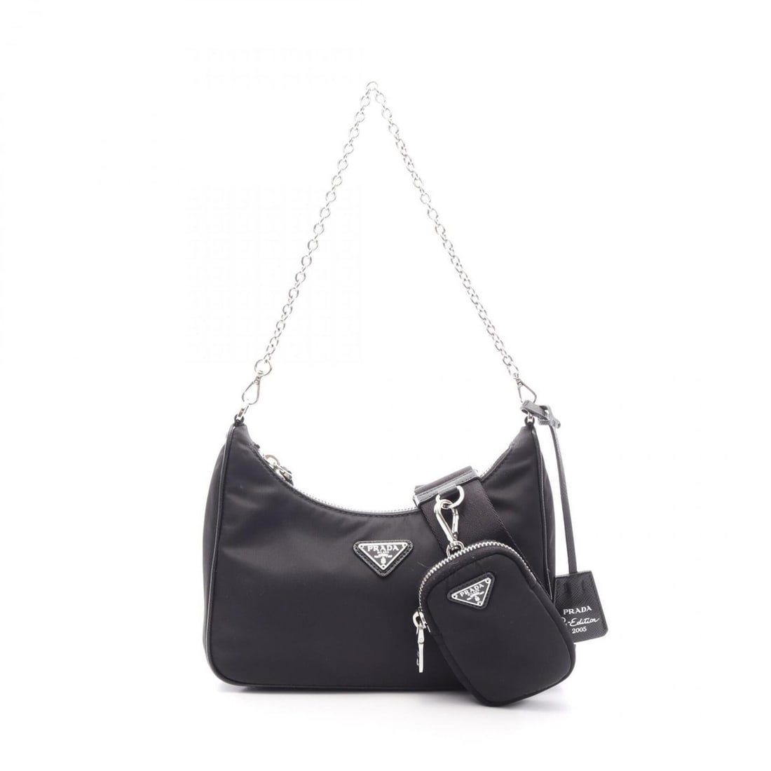 Prada Re-Edition 2005 2-Way Shoulder Bag/Handbag, Nylon & Saffiano Leather, Women's, Black (1BH204): --- Catalog ---Category: SizeSize (HxWxD): 11cm x 22cm x 6cm / 4.33'' x 8.66'' x 2.36''Category: DesignType: Handbag, Shoulder bagColor: BlackGender: WomenMaterial: Nylon , Saffiano triangle Category: