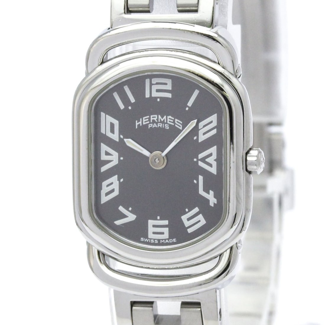 HERMES Rallye Stainless Steel Quartz Ladies Watch RA1.210 Polished: --- Catalog ---Category: SizeCase Diameter: 20mm / 0.79''Category: DesignType: WristwatchStyle: Dress/FormalGender: WomenColor (Dial): GrayMaterial (Band): Stainless steelMaterial (Case): Stainless st