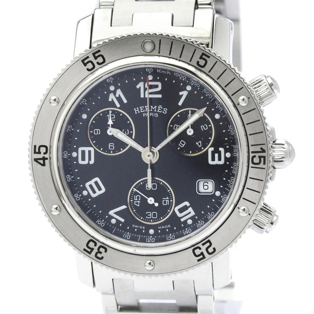 HERMES Clipper Diver Chronograph Quartz Mens Watch CL2.910 Polished: --- Catalog ---Category: SizeCase Diameter: 40mm / 1.57''Category: DesignType: WristwatchStyle: SportGender: MenColor (Dial): BlackMaterial (Band): Stainless steelMaterial (Case): Stainless steelCateg