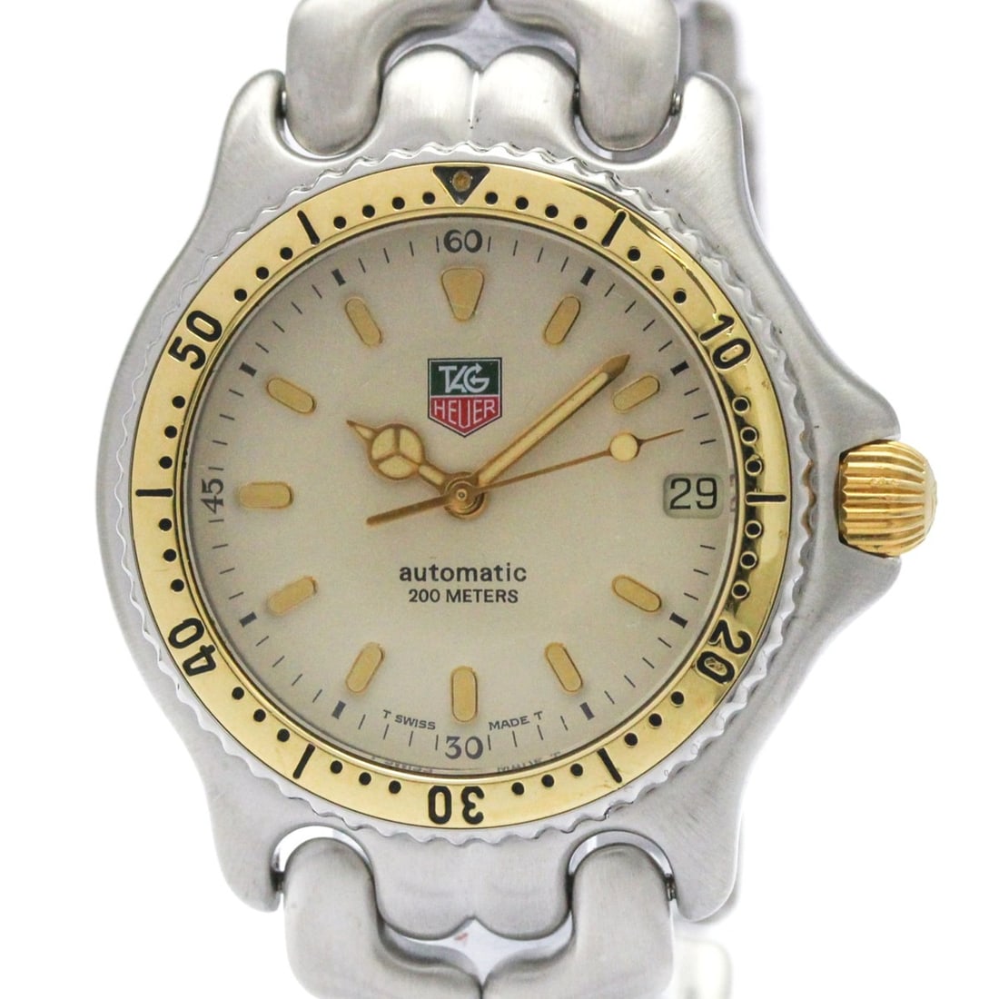 TAG HEUER Sel 200M Gold Plated Steel Automatic Watch S87.013 Polished: --- Catalog ---Category: SizeCase Diameter: 34mm / 1.34''Category: DesignType: WristwatchStyle: Dress/FormalGender: MenColor (Dial): IvoryMaterial (Band): Stainless steelMaterial (Case): Gold plated, 