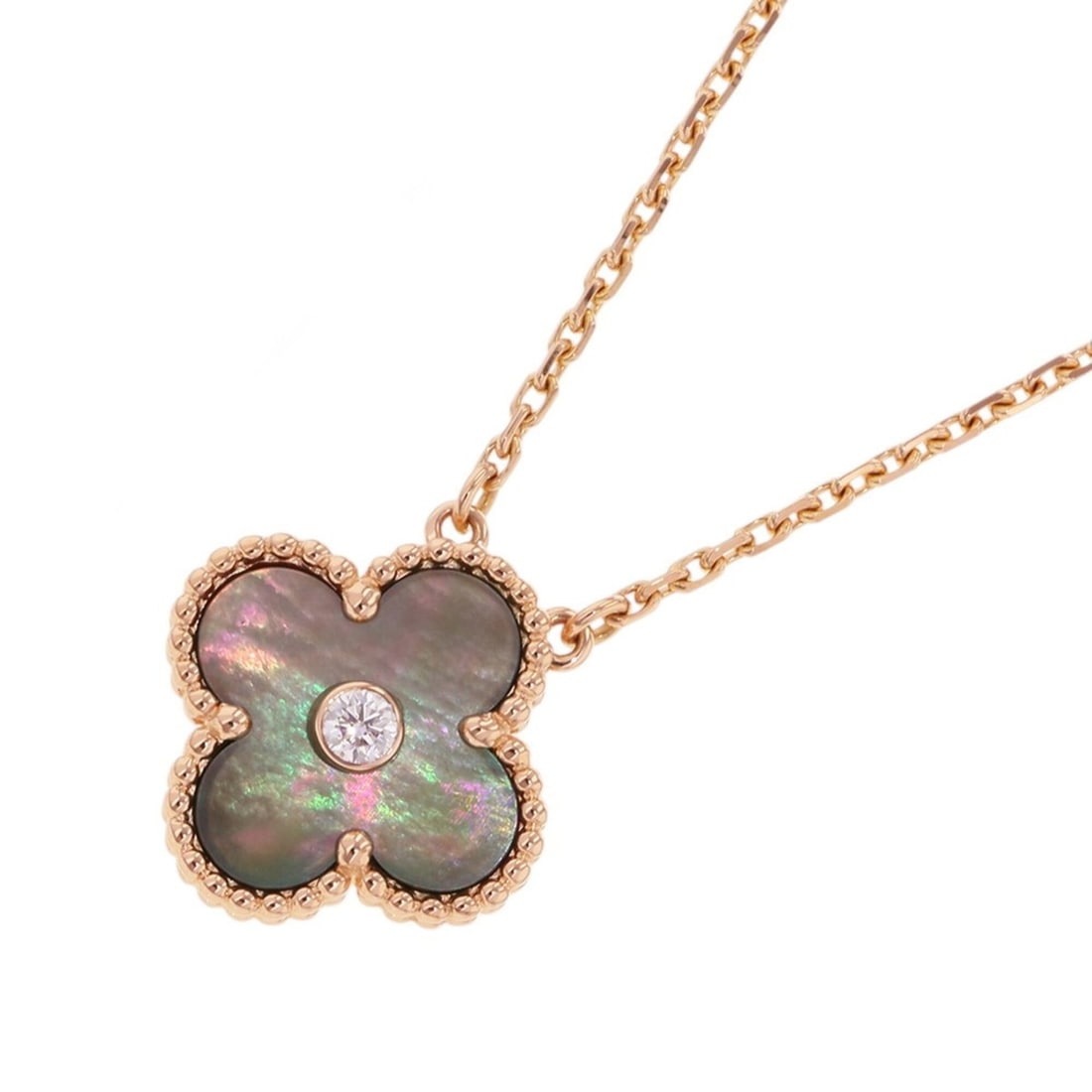 Van Cleef & Arpels Alhambra Necklace, Gray Mother-of-Pearl, 1 Diamond, 18K Pink Gold (VCARO5SX00),: --- Catalog ---Category: SizeWeight: 6.4g / 0.22oz.Pendant Size: 14.8mm x 14.8mm / 0.58'' x 0.58''Neck Circumference: 37 cm - 41 cm / 14.56'' - 16.14''Category: DesignStone: DiamondGender: WomenMateri