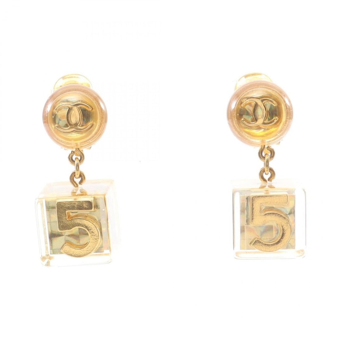Chanel Coco Mark Cube Earrings, Gold Plated (GP), Resin, Women's, Tone, Clear Tone: --- Catalog ---Category: SizeSize (HxWxD): 38.00mm x 16.00mm / 1.50'' x 0.63''Category: DesignType: Clip earringsColor: Clear, GoldGender: WomenMaterial: Gold plating, ResinCategory: GeneralBrand: Cha