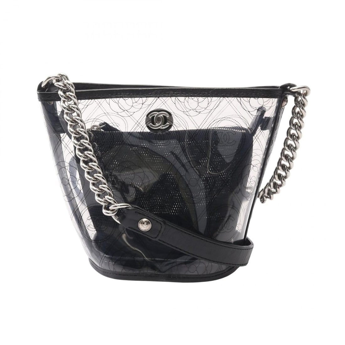 Chanel Camellia Shoulder Bag/Handbag, Vinyl Leather, Women's, Clear/Black: --- Catalog ---Category: SizeSize (HxWxD): 18cm x 15cm x 14cm / 7.08'' x 5.9'' x 5.51''Category: DesignType: Handbag, Shoulder bagColor: Black, ClearGender: WomenMaterial: Vinyl , Leather Category: Ge
