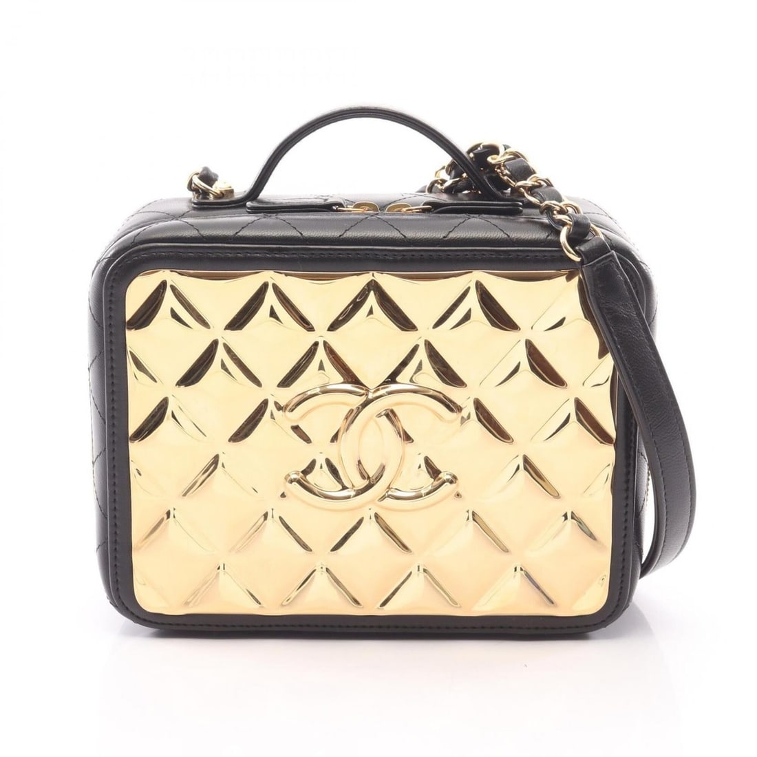 Chanel Matelassé Vanity Bag, 2-Way Shoulder Bag/Handbag, Lambskin Leather, Women's, Black/Gold Tone: --- Catalog ---Category: SizeSize (HxWxD): 14cm x 18cm x 7cm / 5.51'' x 7.08'' x 2.75''Category: DesignType: Handbag, Shoulder bag, Vanity bagColor: Black, GoldGender: WomenMaterial: Leather Leather/F