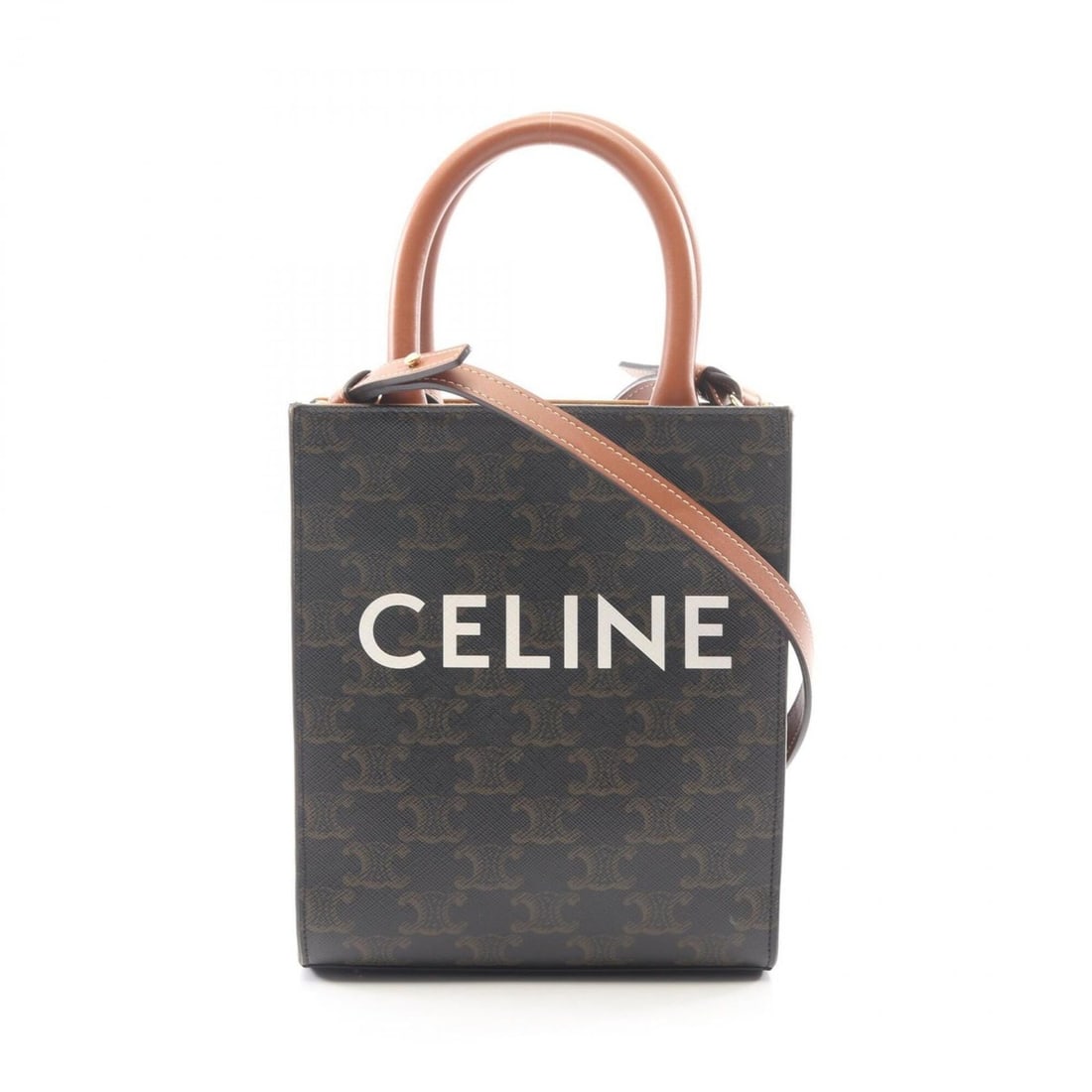 Celine Mini Vertical Cabas Triomphe 2-Way Handbag, Coated Canvas Leather, Women's, Black/Brown,: --- Catalog ---Category: SizeSize (HxWxD): 20cm x 17cm x 5.5cm / 7.87'' x 6.69'' x 2.16''Category: DesignType: HandbagColor: Black, BrownGender: WomenMaterial: Coated canvas , PVC , Leather Category: 