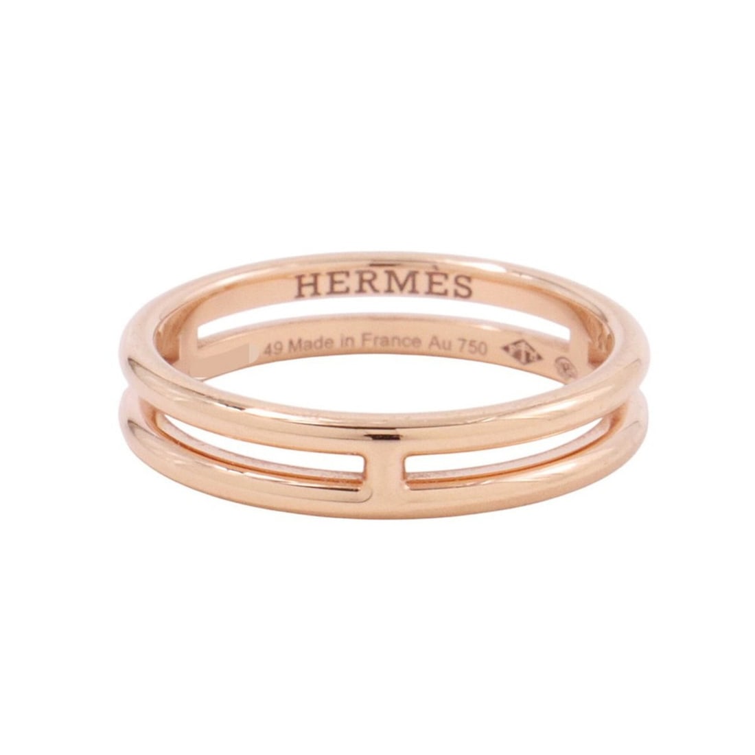Hermes Ariane Wedding Ring, 18K Pink Gold, Ring Size 49. (HERMES ring, Ariane): --- Catalog ---Category: SizeWidth: 3.7mm / 0.15''Weight: 2.7g / 0.09oz.US Size: 5Brand Size: 49Category: DesignType: Wedding ringGender: WomenMaterial: Pink gold (18K)Category: GeneralBrand: