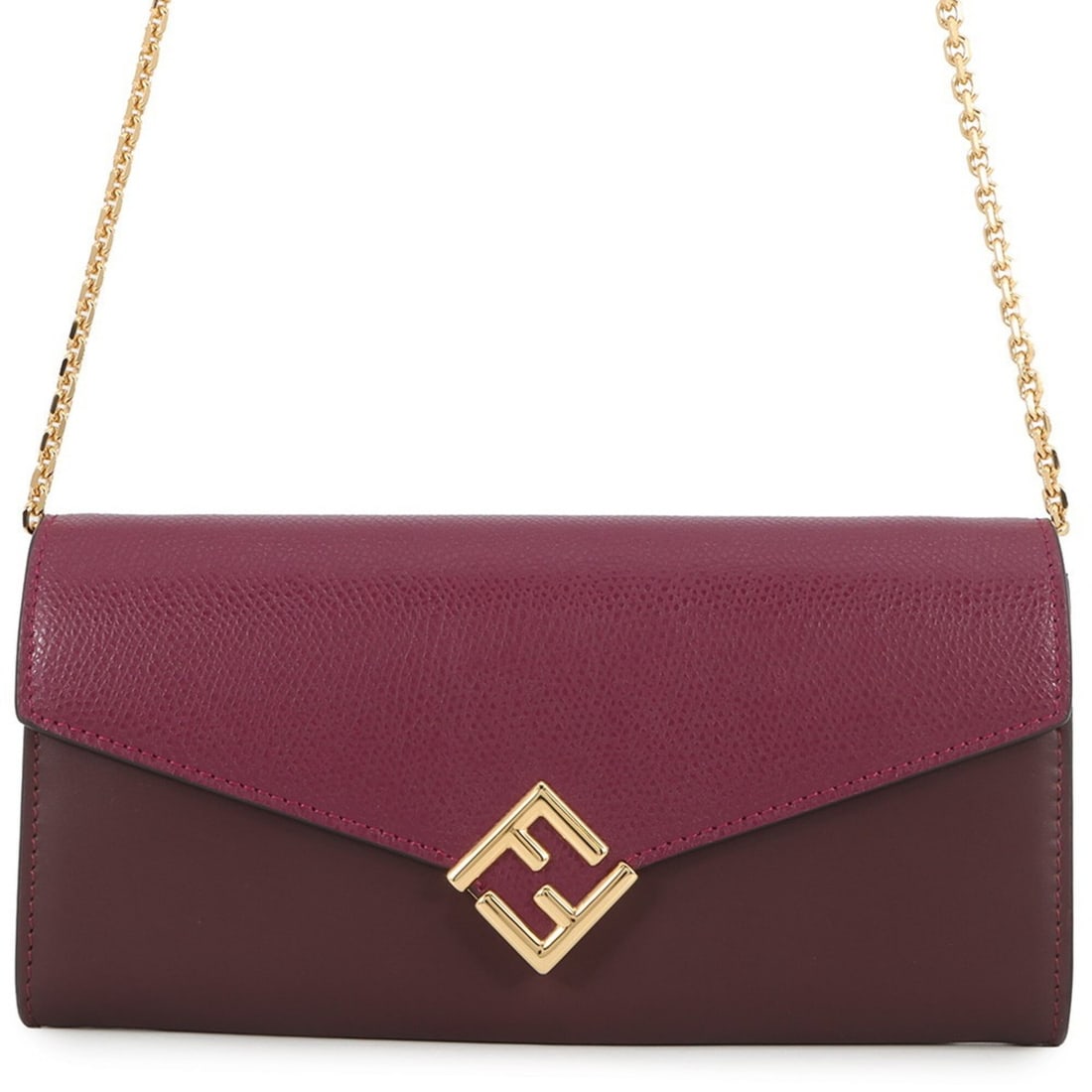 Fendi Wallet Chain FF Diamond Bicolor Leather BM0365 FENDI Long: --- Catalog ---Category: SizeSize (HxWxD): 9.5cm x 19cm / 3.74'' x 7.48''Strap / Chain Length: 1.15m / 45.66''Category: DesignType: Chain/Shoulder walletColor: Bordeaux, PurpleGender: WomenMaterial: L