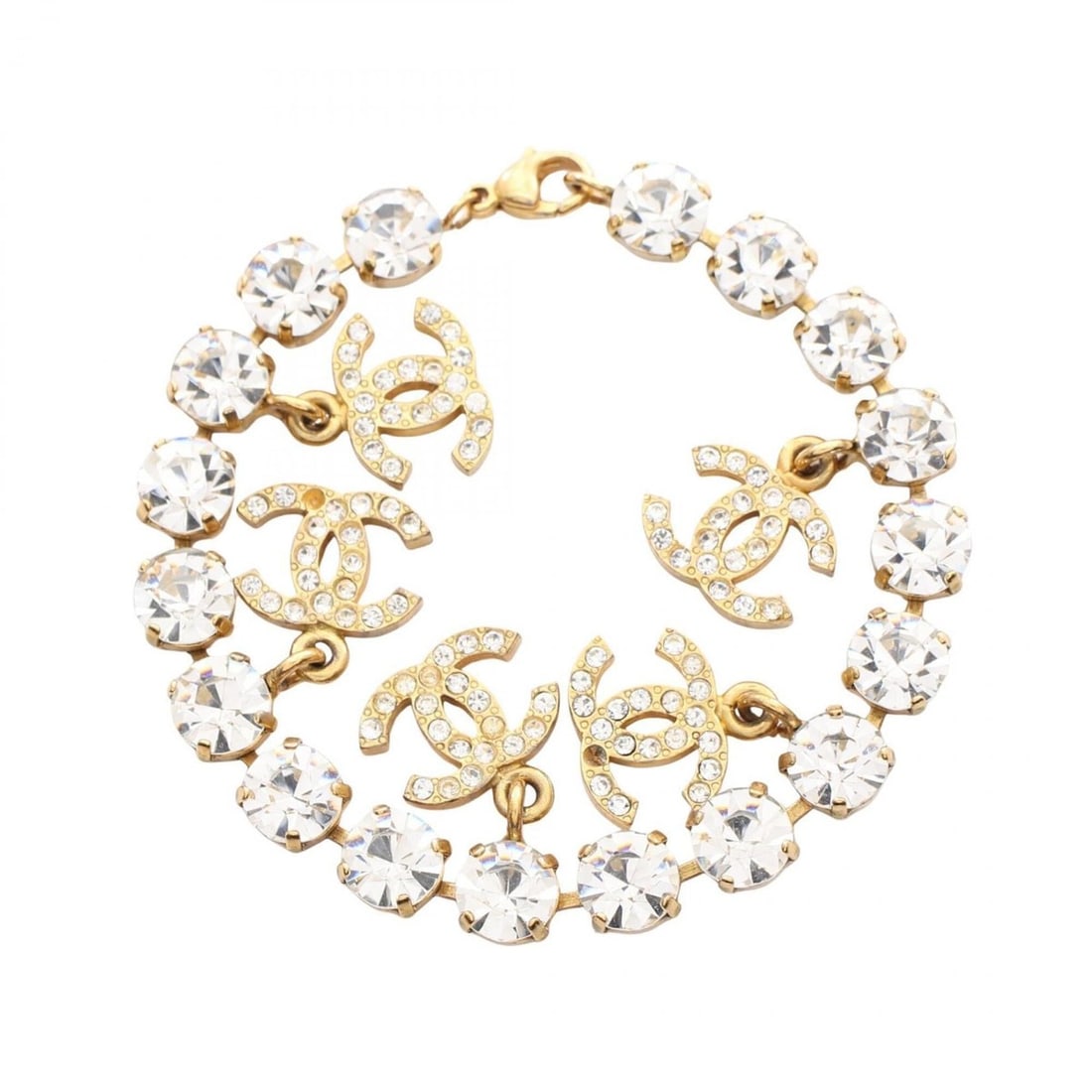 Chanel Coco Mark Bracelet, Gold Plated (GP), Crystal Rhinestone, Women's, Gold/Clear Tones (1 of 8)
