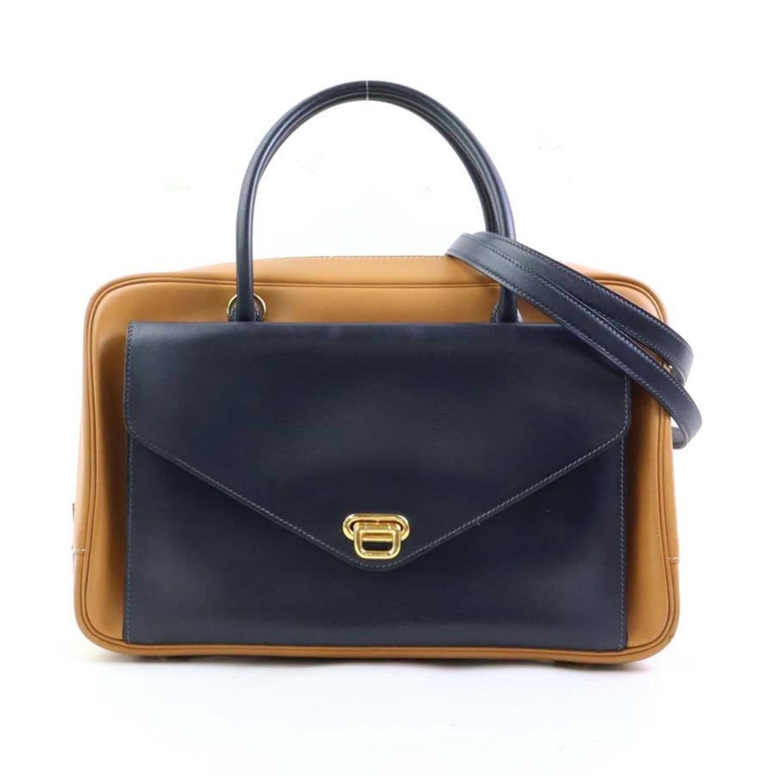 Hermes HERMES Handbag Shoulder Bag Lorraine Veau Gulliver Gold Blue Navy Women's 90254i (1 of 17)