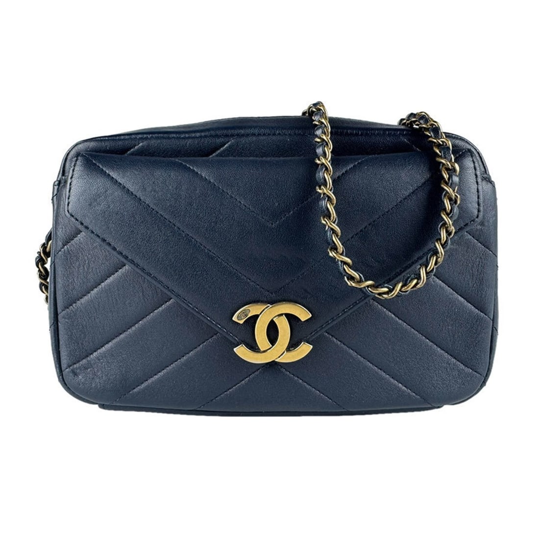 Chanel CHANEL Shoulder Bag Leather Navy Gold Women's z9748 (1 of 13)