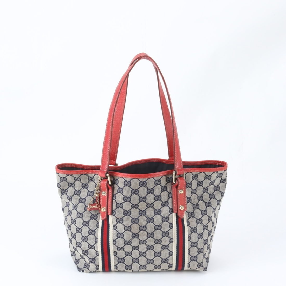 Gucci GG Canvas Sherry Charm Leather Tote Bag, Handbag, Shoulder Women's (137396): --- Catalog ---Category: SizeSize (HxWxD): 22cm x 27cm x 14cm / 8.66'' x 10.62'' x 5.51''Handle Length: 52cm / 20.47''Category: DesignType: Handbag, Tote bagColor: Navy, Red colorGender: WomenMaterial
