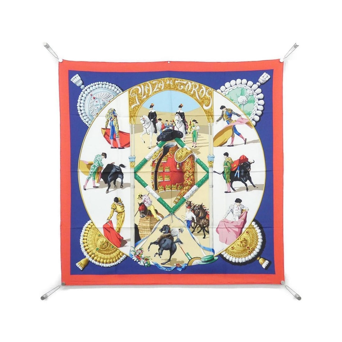 Hermes PLAZA DE TOROS Carre Scarf Muffler: --- Catalog ---Category: SizeSize (LxW): 90cm x 90cm / 35.43'' x 35.43''Category: DesignType: ScarfColor: Blue, WhiteGender: Women,MenMaterial: Silk Category: GeneralBrand: Hermes--- Item List ---Sect