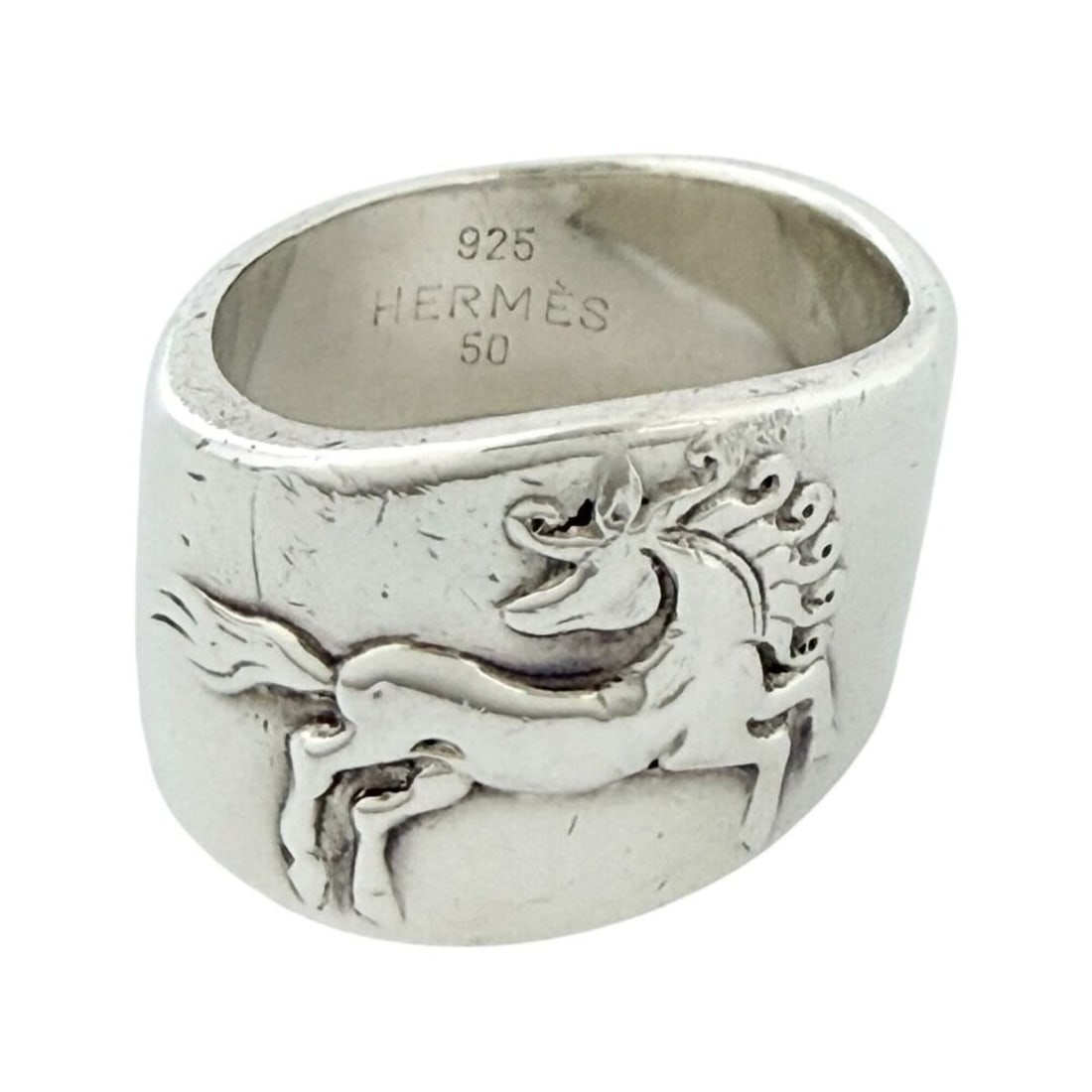 Hermes Men's and Women's Gallop Horse Ring, Size 9.5: --- Catalog ---Category: SizeJP Size: 9.5US Size: 5Category: DesignType: Band ringColor: SilverGender: Men,WomenMaterial: Silver 925Category: GeneralBrand: Hermes--- Item List ---Section: ConditionRan