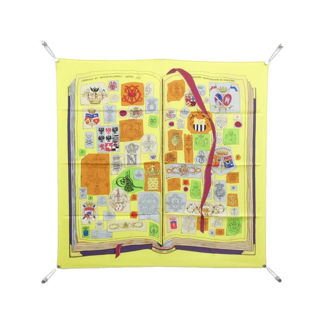 Hermes CHIFFRES ET MONOGRAMMES-ANNEE 1886 Carre Scarf Muffler: --- Catalog ---Category: SizeSize (LxW): 90cm x 90cm / 35.43'' x 35.43''Category: DesignType: ScarfColor: YellowGender: Men,WomenCategory: GeneralBrand: Hermes--- Item List ---Section: