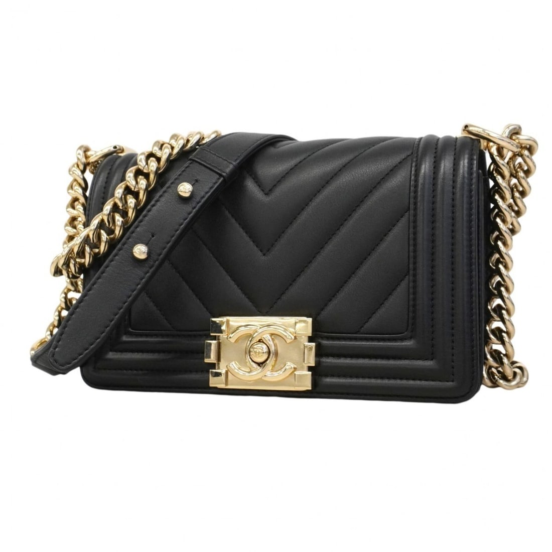 Chanel Boy Shoulder Bag, V-stitch Chain Lambskin, Black/Champagne, Women's (1 of 10)