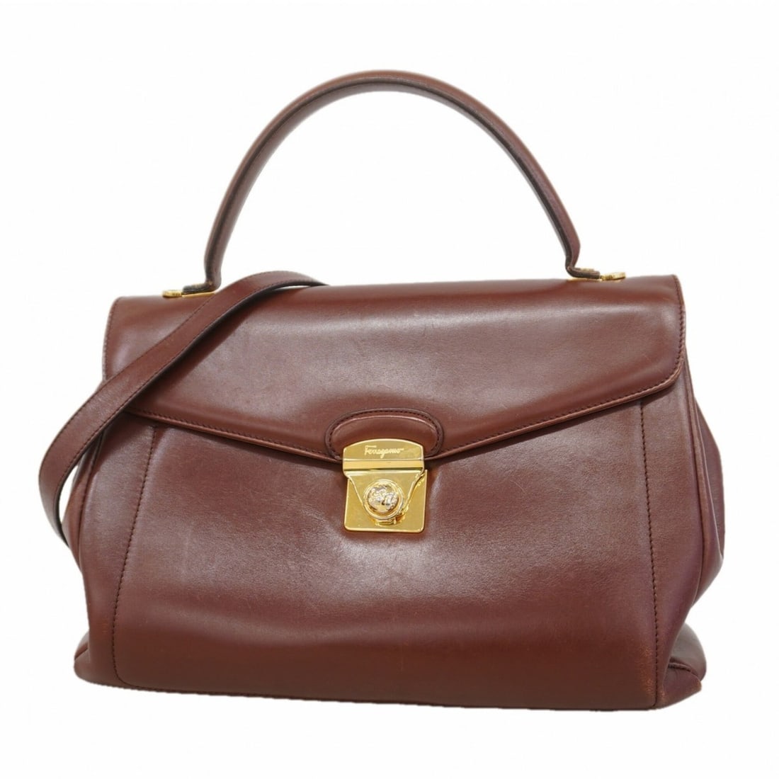 Salvatore Ferragamo handbag, brown leather, 2-way bag for women: --- Catalog ---Category: SizeSize (HxWxD): 25cm x 31.5cm x 10.5cm / 9.84'' x 12.4'' x 4.13''Category: DesignType: HandbagColor: BrownGender: WomenMaterial: Leather Hardware Color: GoldCategory: Genera