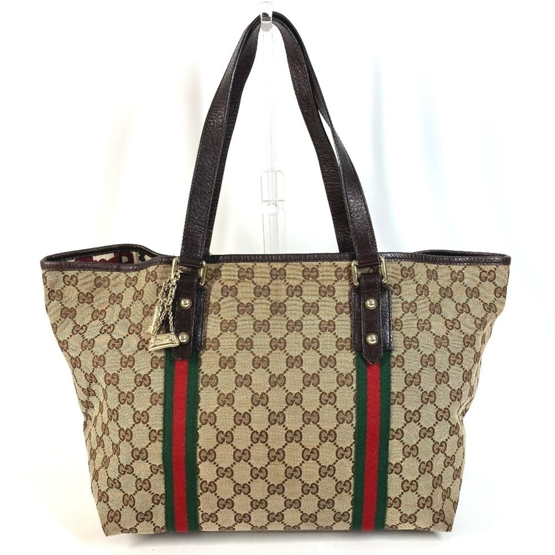 GUCCI 139260 Charm-attached GG Logo Sherry Line Shoulder Tote Bag, Canvas Leather, Men's/Women's, (1 of 15)