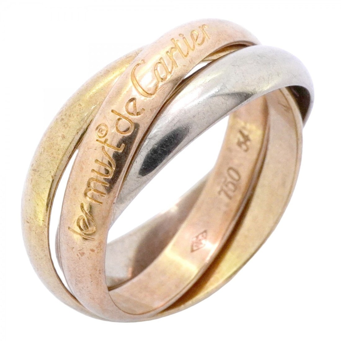 Cartier Trinity Classic Ring, 18K Yellow Gold, White Pink Size #54 (Women's): --- Catalog ---Category: SizeUS Size: 7Brand Size: 54Category: DesignType: Band ringGender: WomenMaterial: Pink gold (18K), White gold (18K), Yellow gold (18K)Category: GeneralBrand: Cartier--- Item L