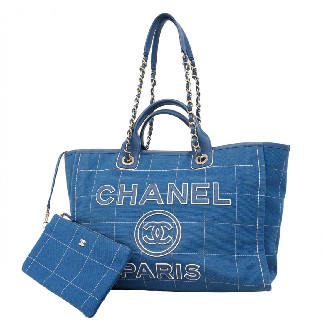 Chanel Deauville Canvas Chain Tote Bag (Blue Champagne) - 2-way bag for women: --- Catalog ---Category: SizeSize (HxWxD): 29cm x 38.5cm x 22.5cm / 11.41'' x 15.15'' x 8.85''Category: DesignType: Tote bagColor: BlueGender: WomenMaterial: Canvas Hardware Color: Champagne goldCateg