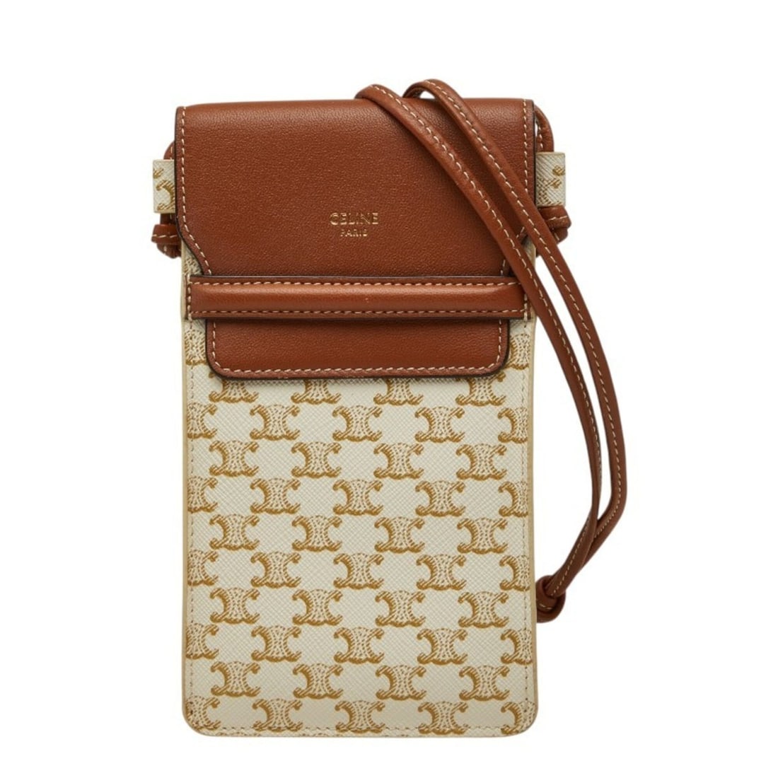 Celine Triomphe Phone Pouch Mini Pochette Shoulder Bag White Brown Leather Women's CELINE: --- Catalog ---Category: SizeSize (HxWxD): 18cm x 9.8cm x 1.5cm / 7.08'' x 3.85'' x 0.59''Category: DesignType: Phone walletColor: Brown, WhiteGender: WomenMaterial: PVC , Leather Category: GeneralBra