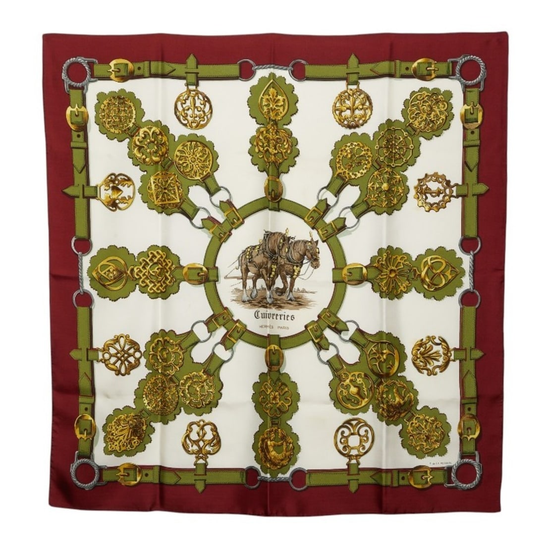 Hermes Carre 90 Cuivreries Copperwork Scarf Muffler Green White Bordeaux Silk Women's HERMES (1 of 6)