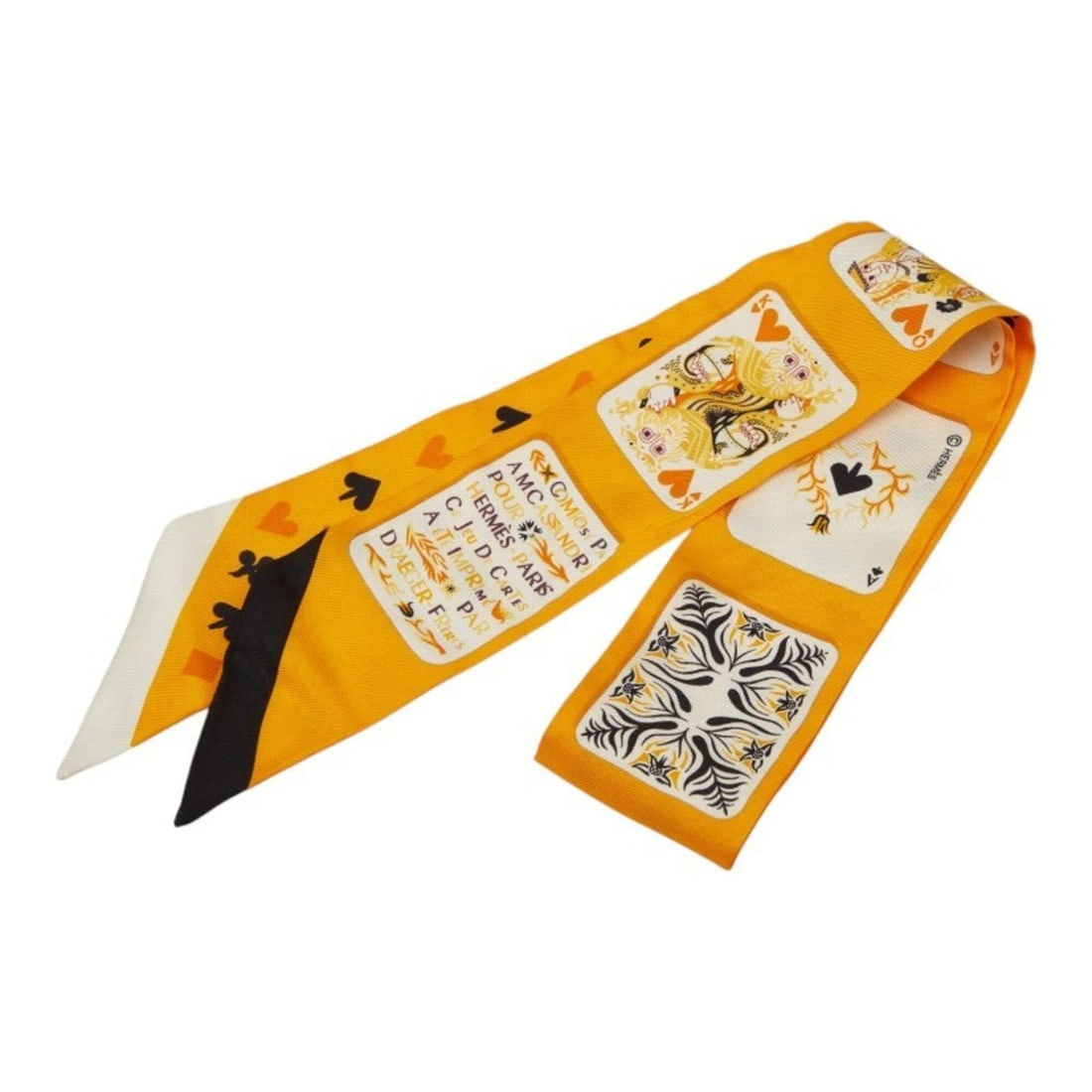 Hermes Twilly Jeu De Cartes (Jude Cartes) Playing Card Scarf/Muffler, Orange Tones, Silk, Women's: --- Catalog ---Category: SizeSize (LxW): 85cm x 5cm / 33.46'' x 1.96''Category: DesignType: ScarfColor: OrangeGender: WomenMaterial: Silk Category: GeneralBrand: Hermes--- Item List ---Section: Condit
