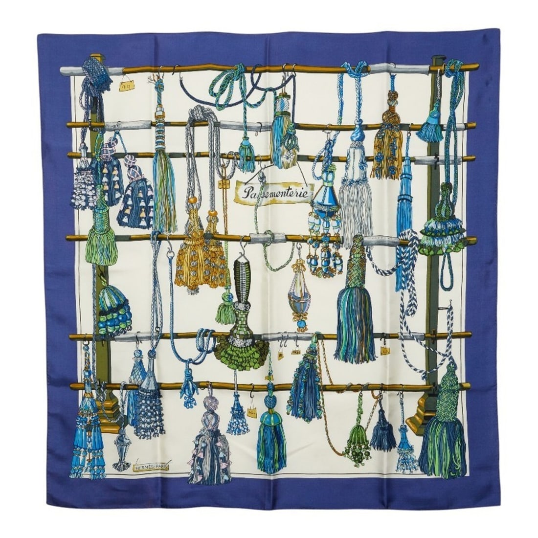 Hermes Carre 90 PASEMENTERIE Scarf with Drawstring, White, Blue, Multicolor Silk, Women's: --- Catalog ---Category: SizeSize (LxW): 90cm x 87cm / 35.43'' x 34.25''Category: DesignType: ScarfColor: Blue, Multi-color, WhiteGender: WomenMaterial: Silk Category: GeneralBrand: Hermes--- Item Lis