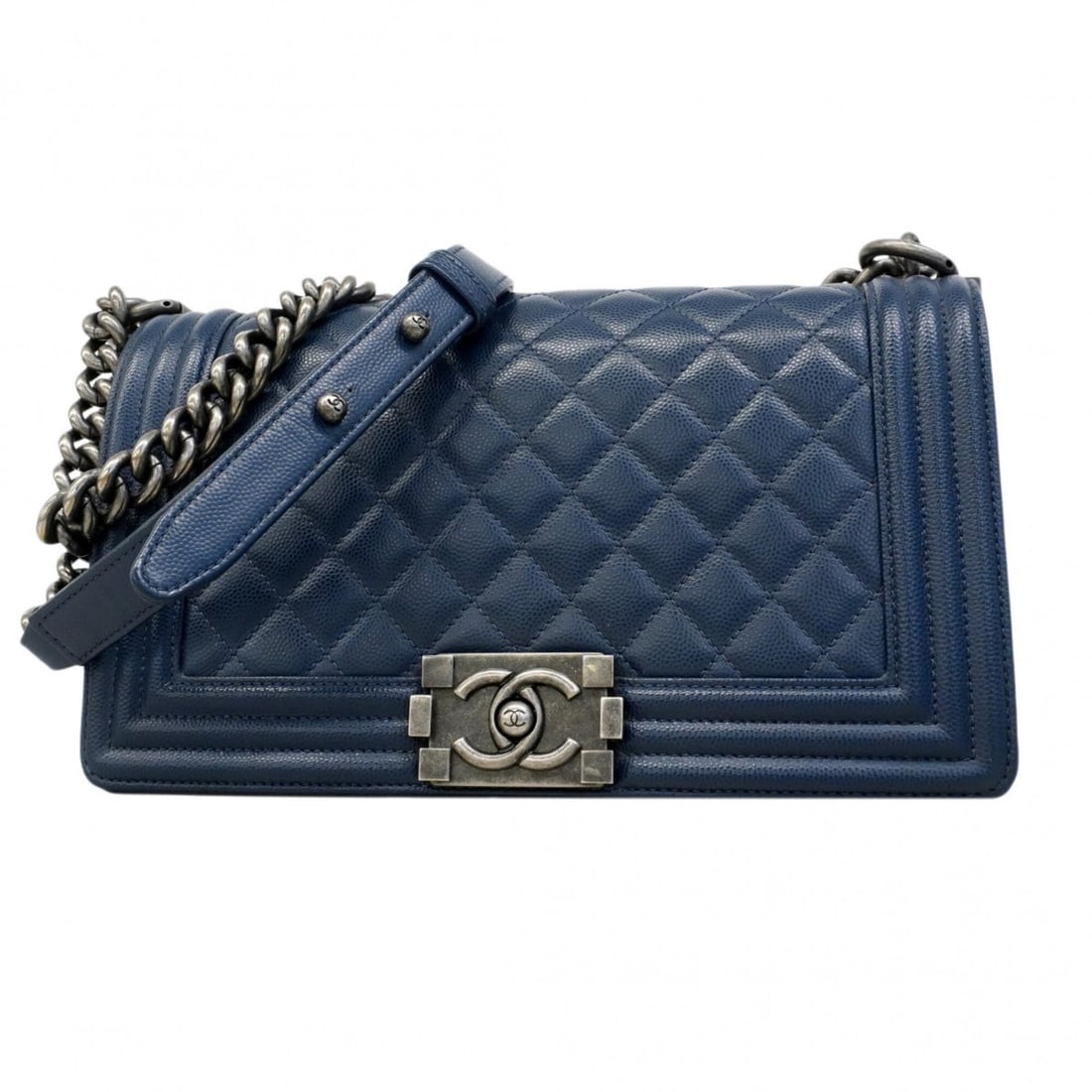 Chanel Boy Chain Shoulder Bag, Caviar Leather, Navy, Women's (1 of 10)
