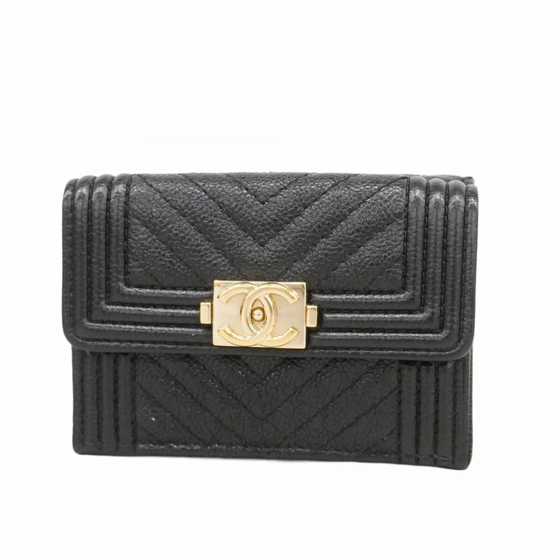 Chanel Boy Tri-fold Wallet, Caviar Leather, Black, Women's: --- Catalog ---Category: SizeSize (HxWxD): 8cm x 10.5cm x 4cm / 3.14'' x 4.13'' x 1.57''Category: DesignType: Wallet (tri-fold)Color: BlackGender: WomenMaterial: Grained Calfskin Category: GeneralBran