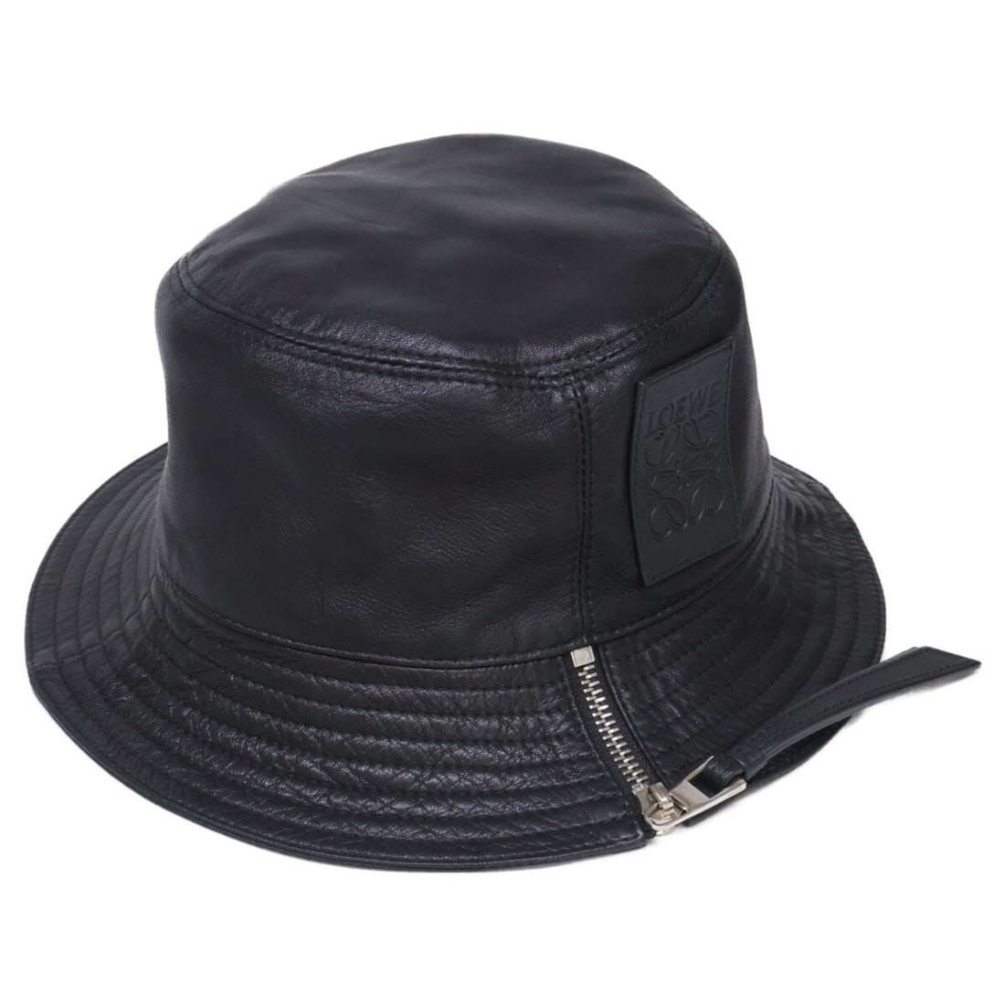 LOEWE Anagram Leather Bucket Hat, Size 57, Black, Women's: --- Catalog ---Category: DesignType: Bucket hatColor: BlackGender: WomenMaterial: Leather Leather/Fur Type: LambskinCategory: GeneralBrand: LoeweCategory: MeasurementsCircumference: 57cm / 22.44''--- 