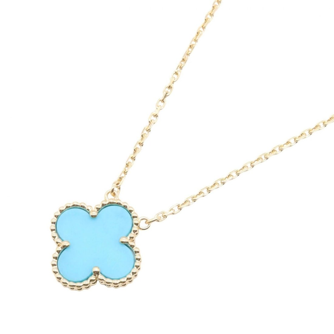 Van Cleef & Arpels Vintage Alhambra Turquoise Necklace, 18K (Yellow Gold) Women's, Gold/Blue Tones: --- Catalog ---Category: SizePendant Size: 15mm x 15mm / 0.59'' x 0.59''Neck Circumference: 37.5 cm - 42 cm / 14.76'' - 16.53''Category: DesignColor: Blue, GoldGender: WomenMaterial: Yellow gold (18K)