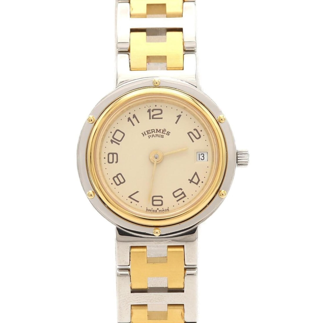 Hermes Clipper Combination SSxGP Quartz Watch: --- Catalog ---Category: SizeWrist Size: 16cm / 6.29''Case Diameter: 24mm / 0.94''Category: DesignType: WristwatchGender: WomenColor (Dial): IvoryMaterial (Band): Gold plated, Stainless steelMaterial 