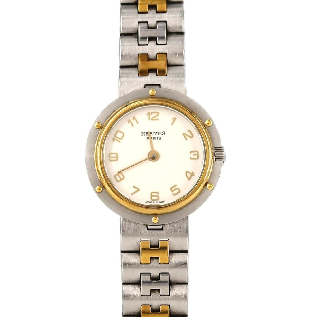 Hermes Olympia Combination SSxGP Quartz Watch: --- Catalog ---Category: SizeWrist Size: 13.5cm / 5.31''Case Diameter: 24mm / 0.94''Category: DesignType: WristwatchGender: WomenColor (Dial): SilverMaterial (Band): Gold plated, Stainless steelMateri