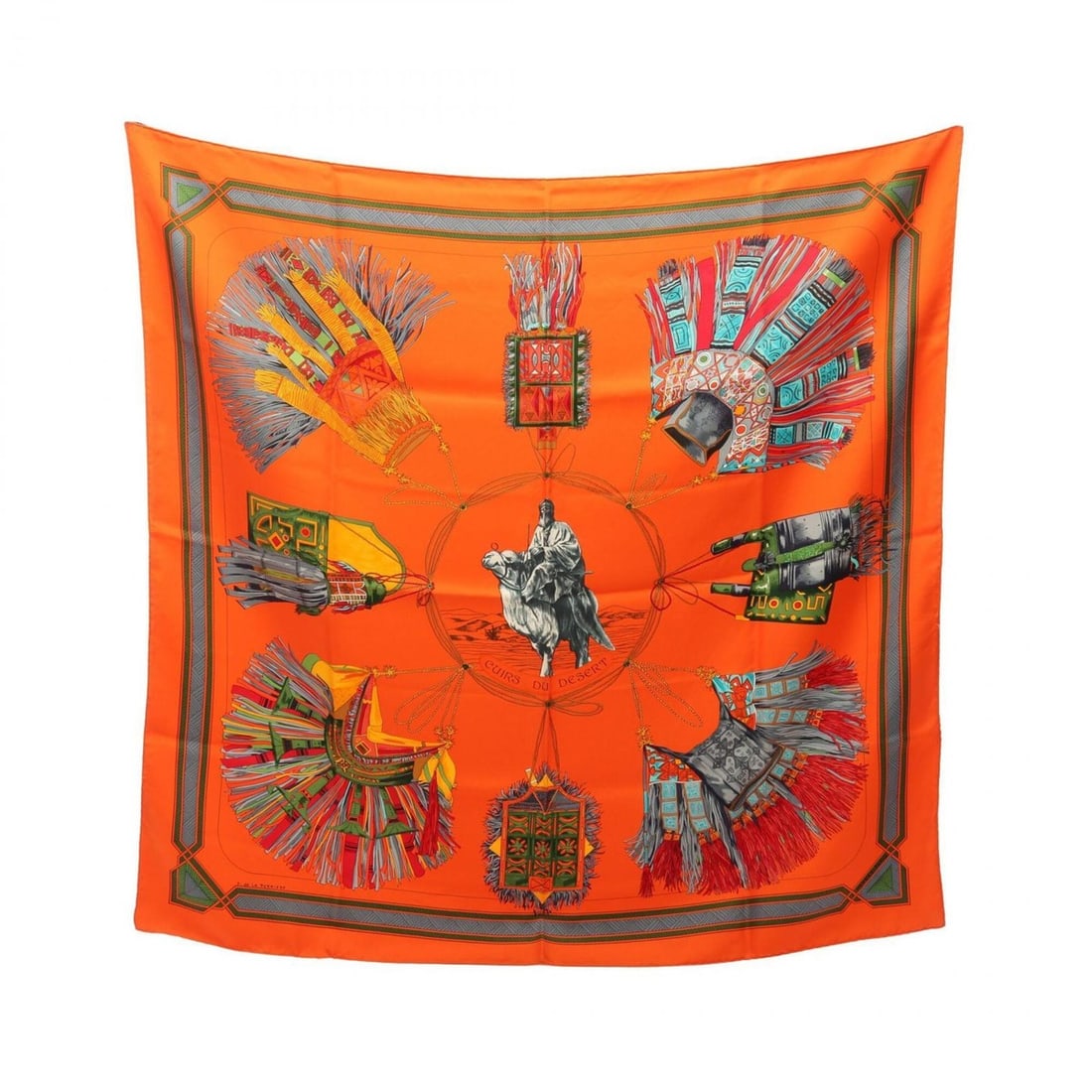 Hermes Carre 90 CUIRS DU DESERT Scarf/Muffler, Silk, Women's, Orange/Multicolor: --- Catalog ---Category: SizeSize (LxW): 89cm x 89cm / 35.03'' x 35.03''Category: DesignType: ScarfColor: Multi-color, OrangeGender: WomenMaterial: Silk Category: GeneralBrand: Hermes--- Item List ---