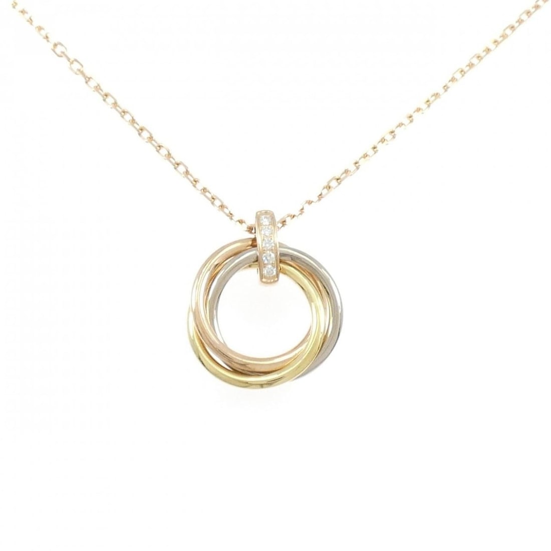Cartier Trinity Necklace: --- Catalog ---Category: SizePendant Size: 22.9mm x 18.9mm / 0.9'' x 0.74''Neck Circumference: 41 cm / 16.14''Category: DesignStone: DiamondGender: WomenMaterial: Pink gold (18K), White gold (18K),