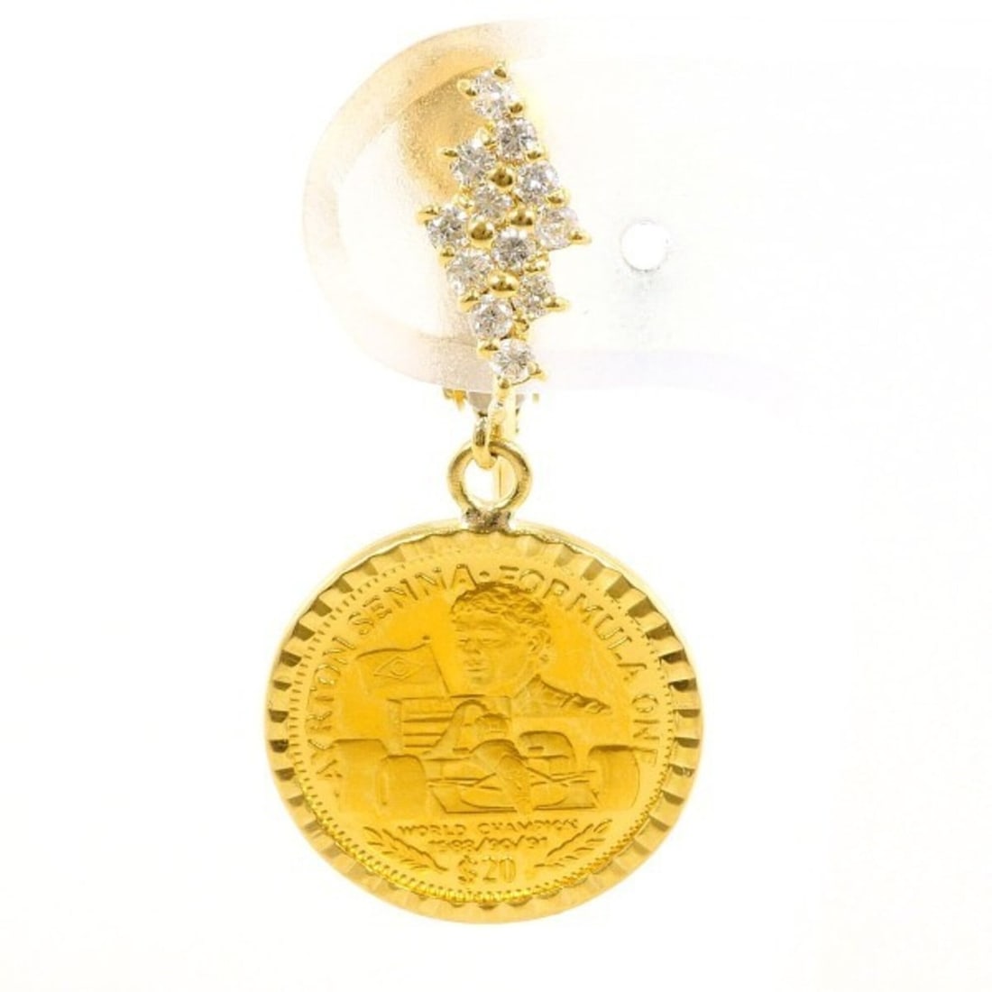 Liberia Ayrton Senna 20 Dollar Coin Gold K24YG 18KYG Earring (Single Earring) Diamond 0.17ct Total: --- Catalog ---Category: SizeWeight: 2.8g / 0.09oz.Category: DesignType: Clip earringsColor: Yellow goldMetal: GoldStone: DiamondGender: Women,MenMaterial: Yellow gold (18K), Yellow gold (24K)Metal Pu